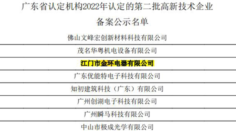 好消息！金環(huán)電器再次通過(guò)國(guó)家級(jí)“高新技術(shù)企業(yè)”認(rèn)定